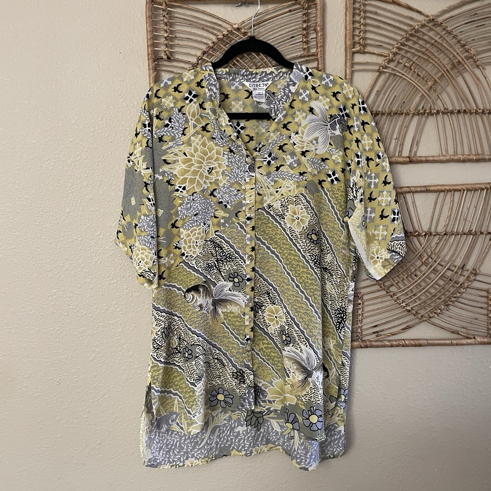 Citron Santa Monica Silk Top Tunic Blouse Tunic Asian Artsy Fish Floral Sz M B3